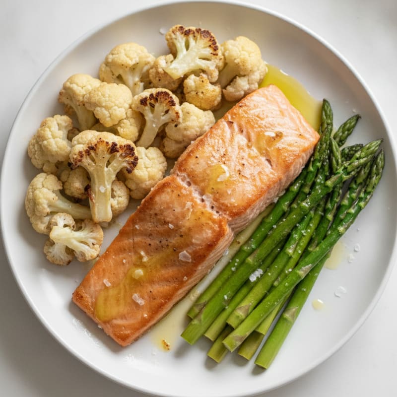 Seared Salmon with Roasted Cauliflower and Asparagus