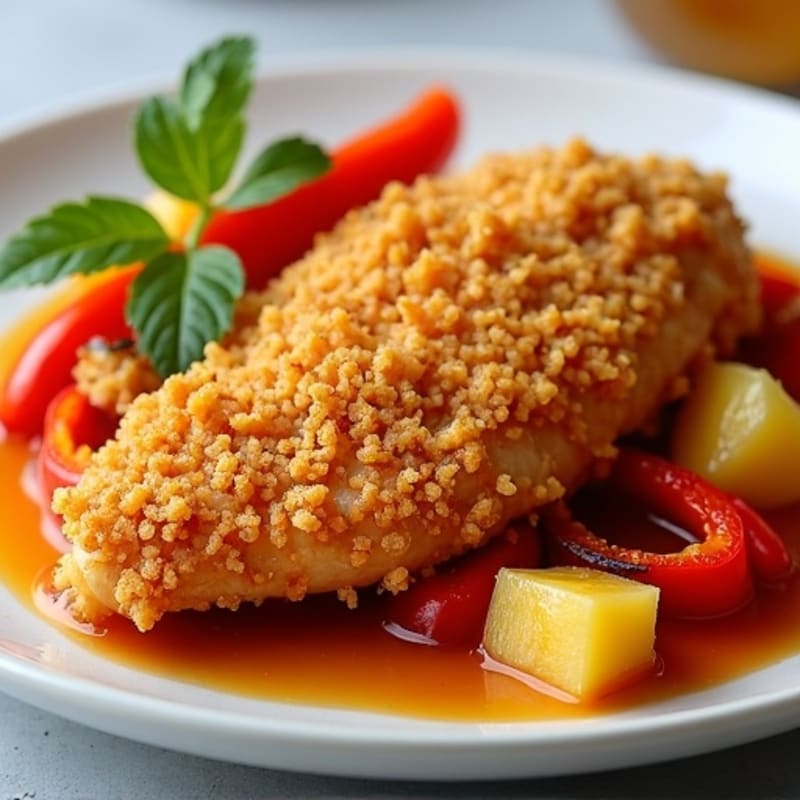 Crispy Baked Sweet and Sour Chicken with Roasted Bell Peppers and Pineapple