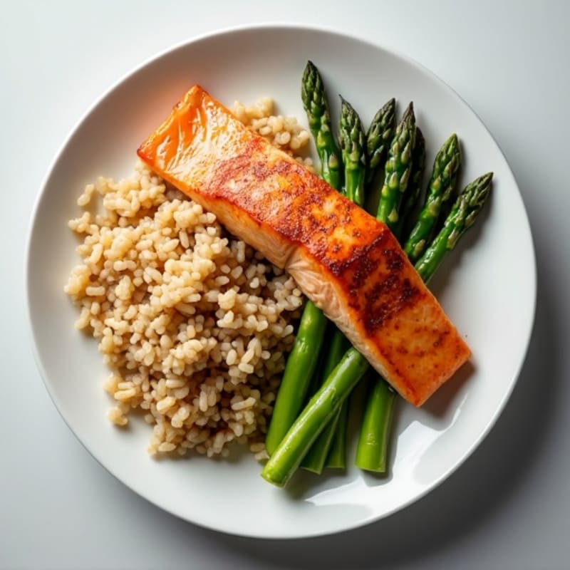 Seared Salmon with Steamed Asparagus and Brown Rice