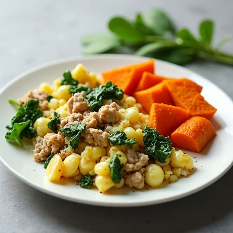 Egg White and Turkey Spinach Scramble with Roasted Sweet Potatoes