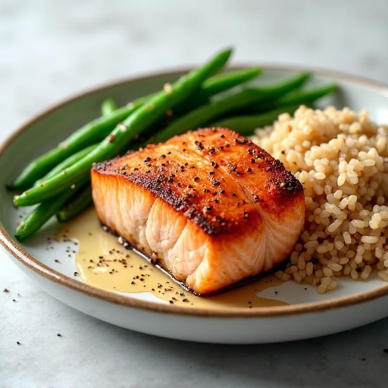 Seared Salmon Fillet with Steamed Green Beans and Brown Rice