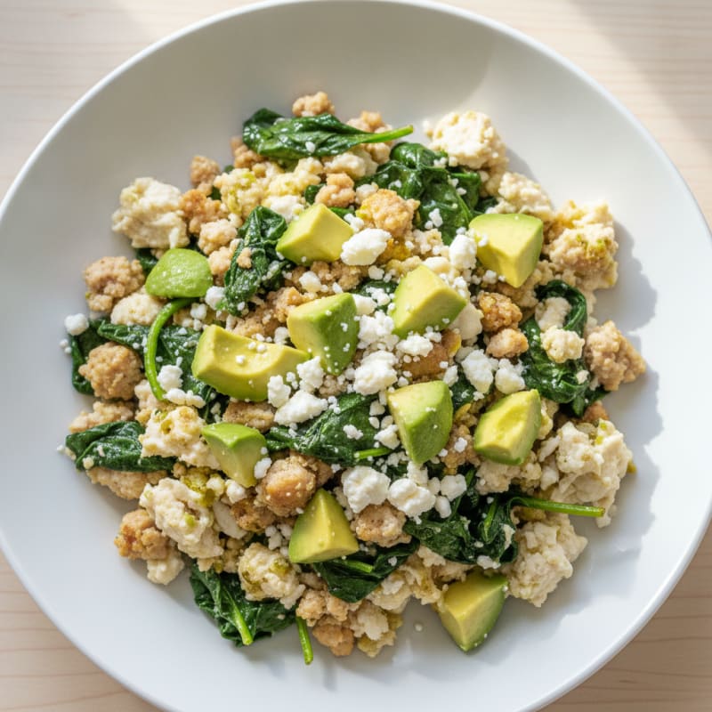 Egg White and Turkey Sausage Scramble with Sautéed Spinach