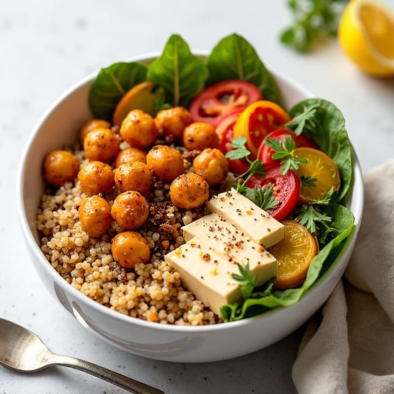 Crispy Chickpea and Roasted Vegetable Quinoa Bowl with Creamy Tahini Dressing