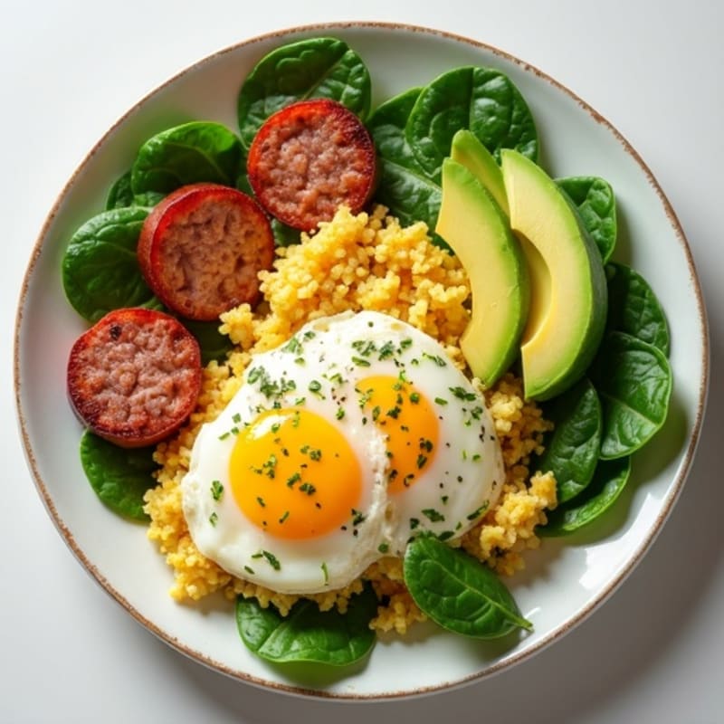 Cottage Cheese Egg Scramble with Turkey Sausage and Spinach