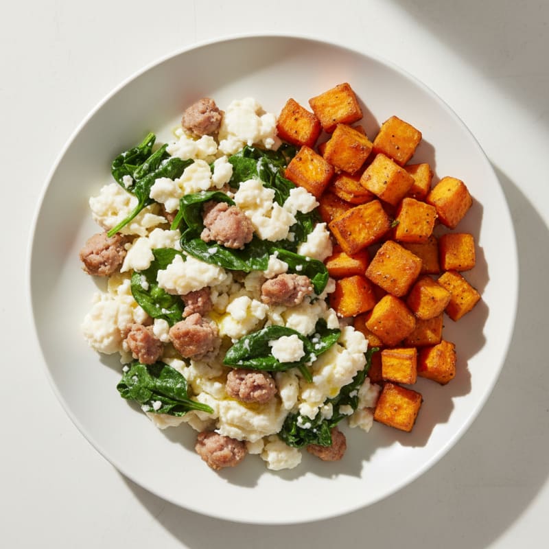 Egg White and Turkey Sausage Scramble with Spinach and Roasted Sweet Potato