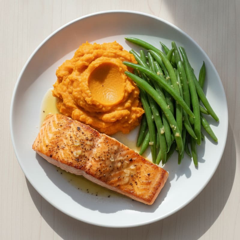 Seared Salmon with Steamed Green Beans and Sweet Potato Mash