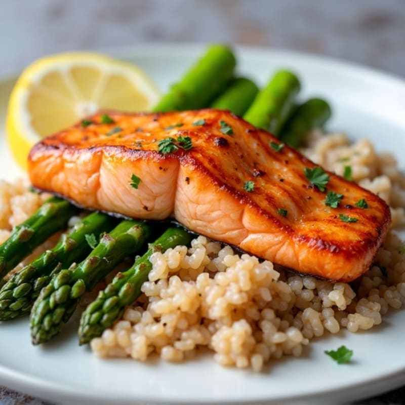 Seared Salmon with Steamed Asparagus and Brown Rice