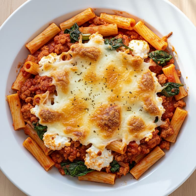 Creamy Baked Ziti with Golden Mozzarella Crust