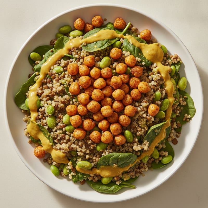 Crispy Lentil and Quinoa Power Salad with Edamame and Roasted Chickpeas