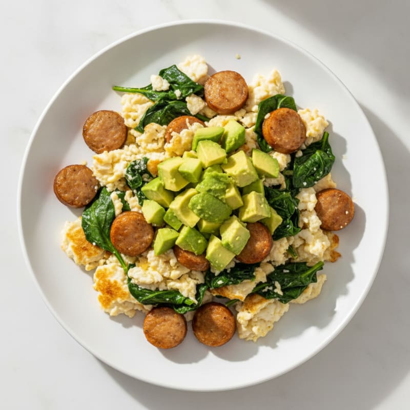 Egg White and Turkey Sausage Scramble with Sautéed Spinach
