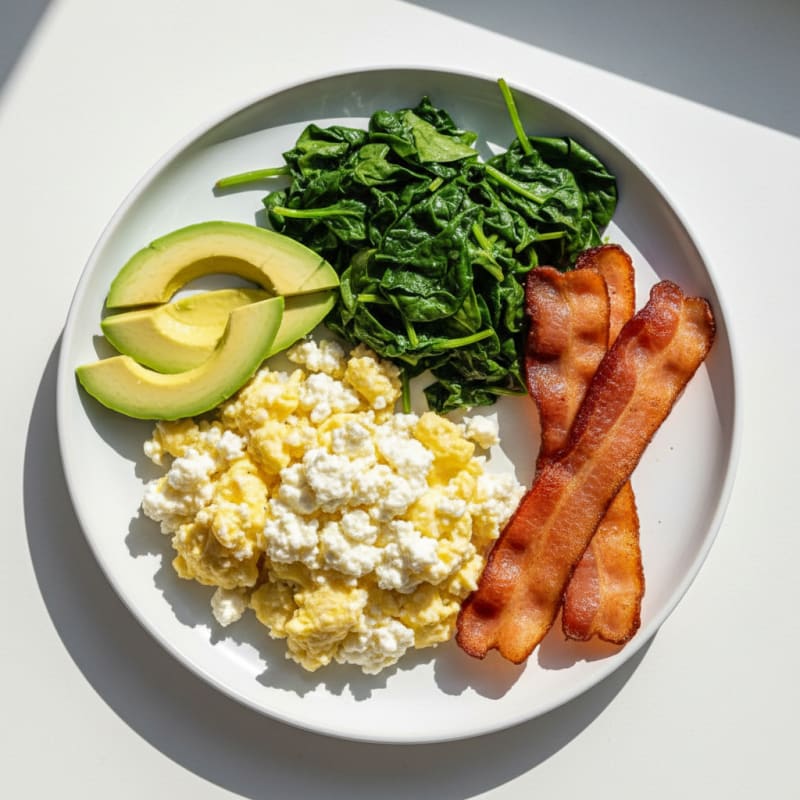 Cottage Cheese Scramble with Sautéed Spinach and Turkey Bacon