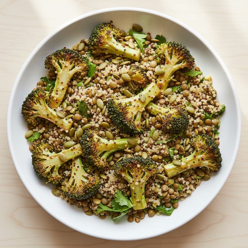 Lentil and Quinoa Power Bowl with Roasted Broccoli and Pumpkin Seeds