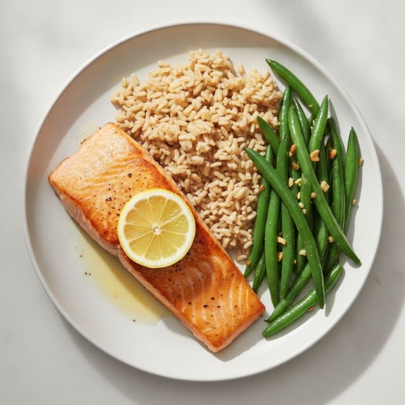 Seared Salmon with Garlic Green Beans and Brown Rice