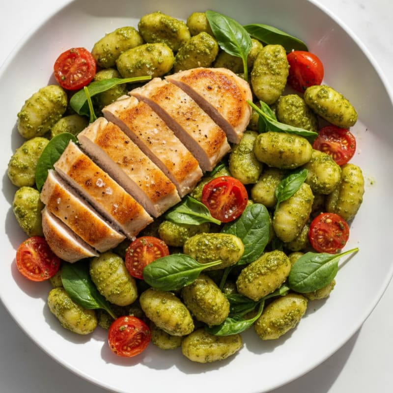 Gnocchi with Basil Pesto and Seared Chicken