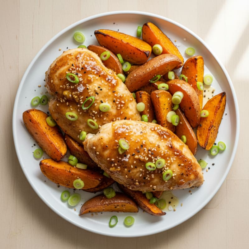 Crispy Honey-Garlic Chicken with Roasted Sweet Potatoes