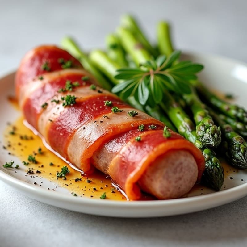 Lean Turkey Sausage Wrapped in Prosciutto with Roasted Asparagus
