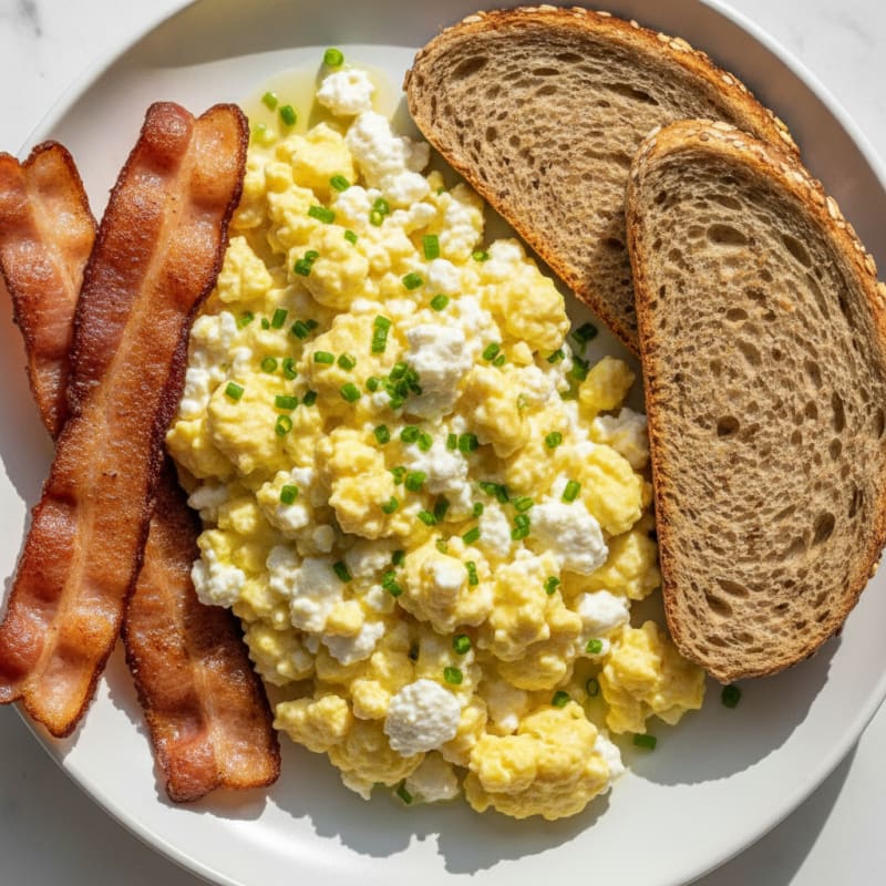 Scrambled Eggs with Cottage Cheese and Turkey Bacon