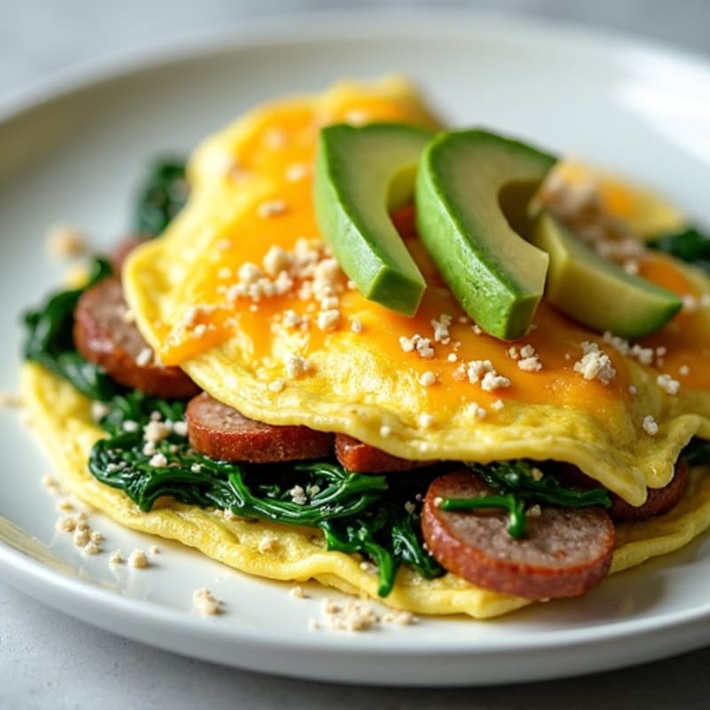Egg White Omelette with Turkey Sausage and Sautéed Spinach