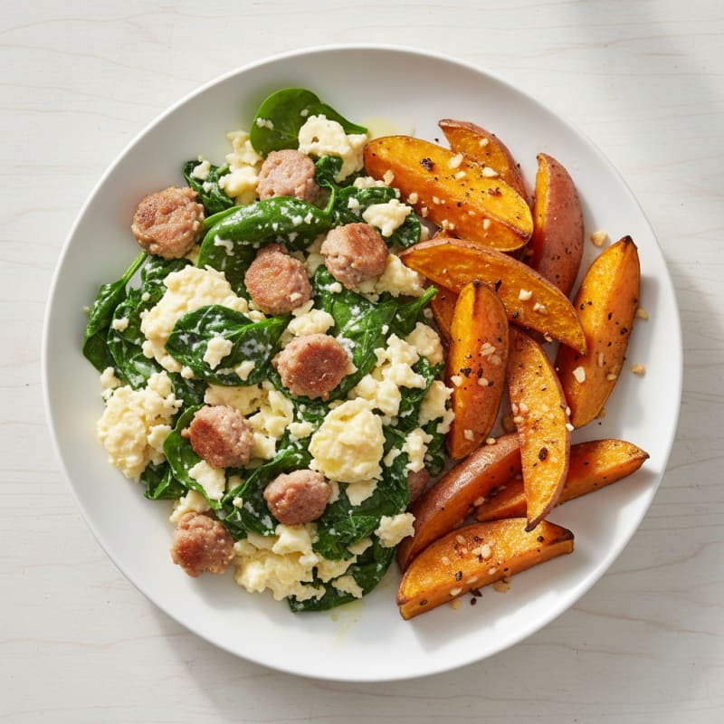 Egg White Spinach Scramble with Turkey Sausage and Roasted Sweet Potato