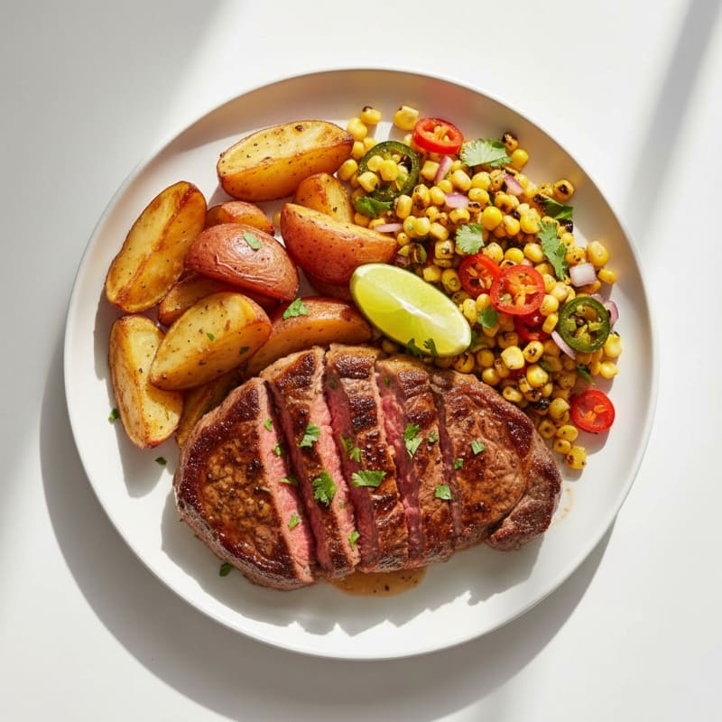 Seared Steak with Roasted Potatoes and Charred Corn Salsa