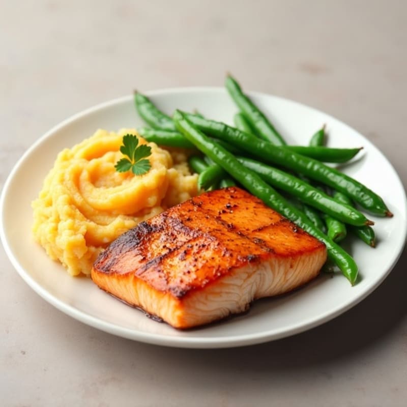 Seared Salmon with Steamed Green Beans and Mashed Sweet Potato