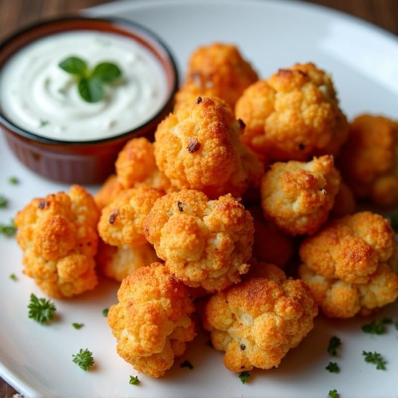 Crispy Buffalo Roasted Cauliflower Bites with Greek Yogurt Blue Cheese Dip