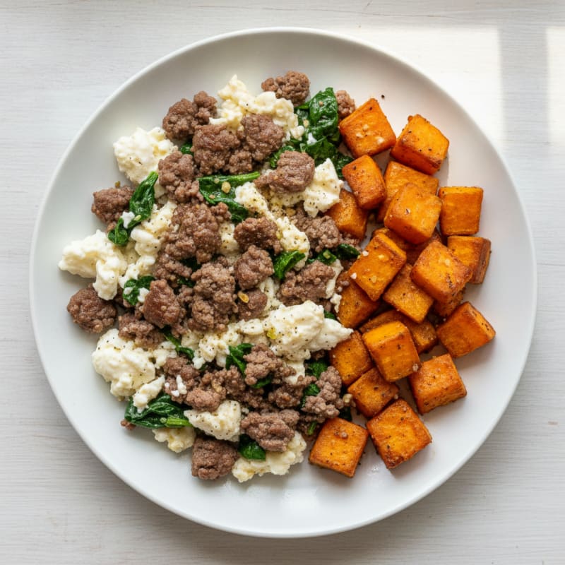 Scrambled Egg Whites with Lean Ground Beef and Roasted Sweet Potato