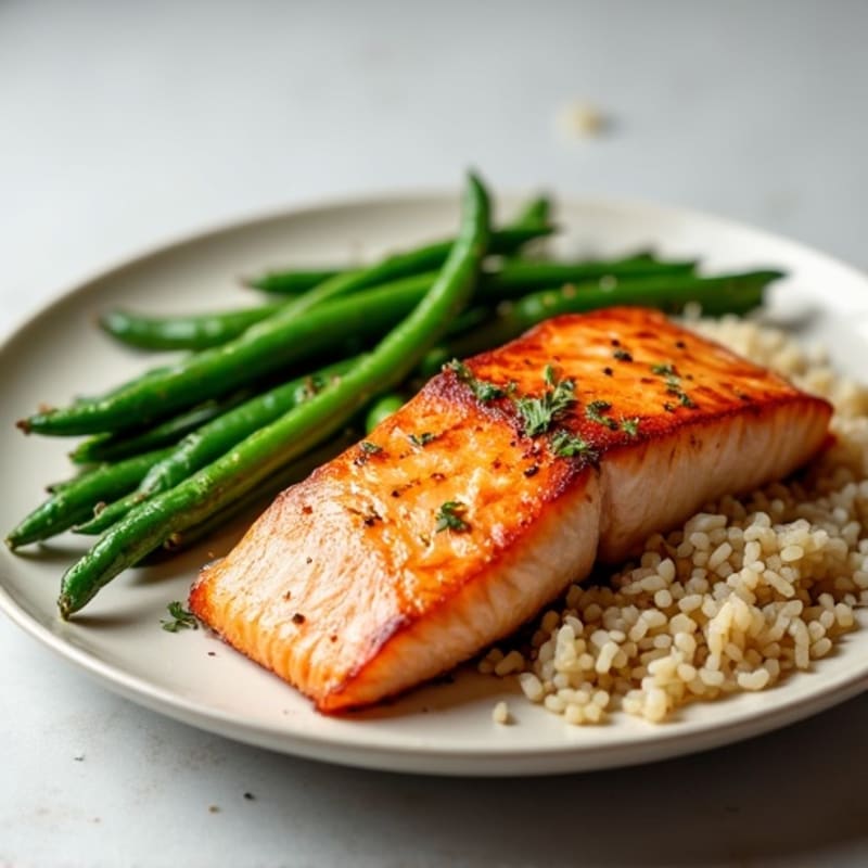 Seared Salmon with Garlic Green Beans and Brown Rice