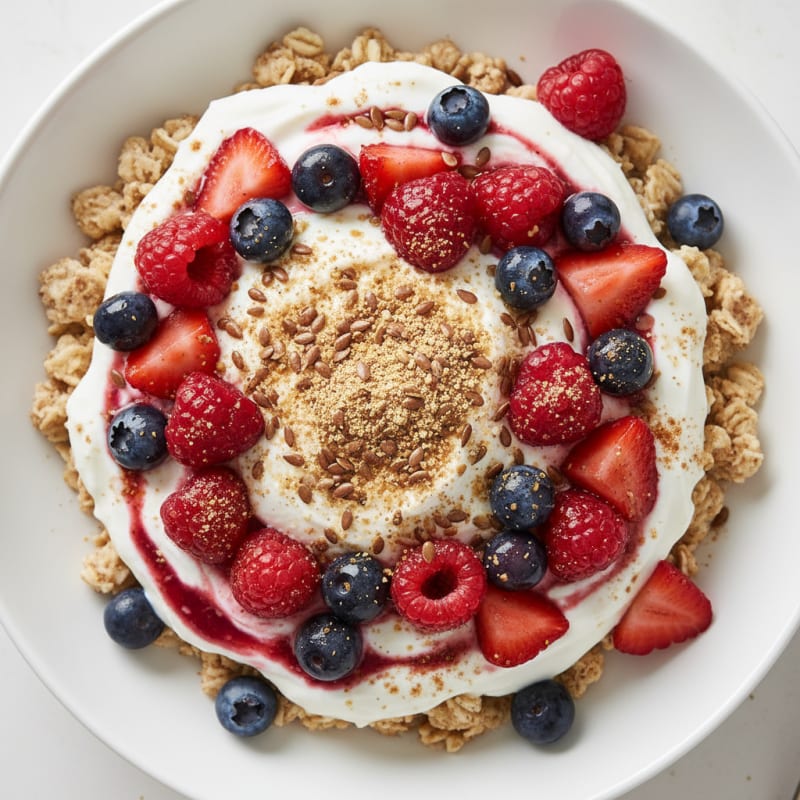 Greek Yogurt Parfait with Oatmeal, Berries, and Flaxseed