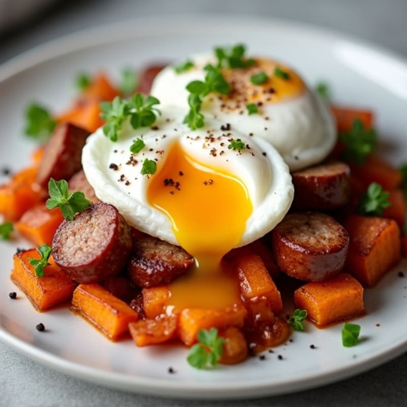 Crispy Sweet Potato and Turkey Sausage Hash with Poached Eggs