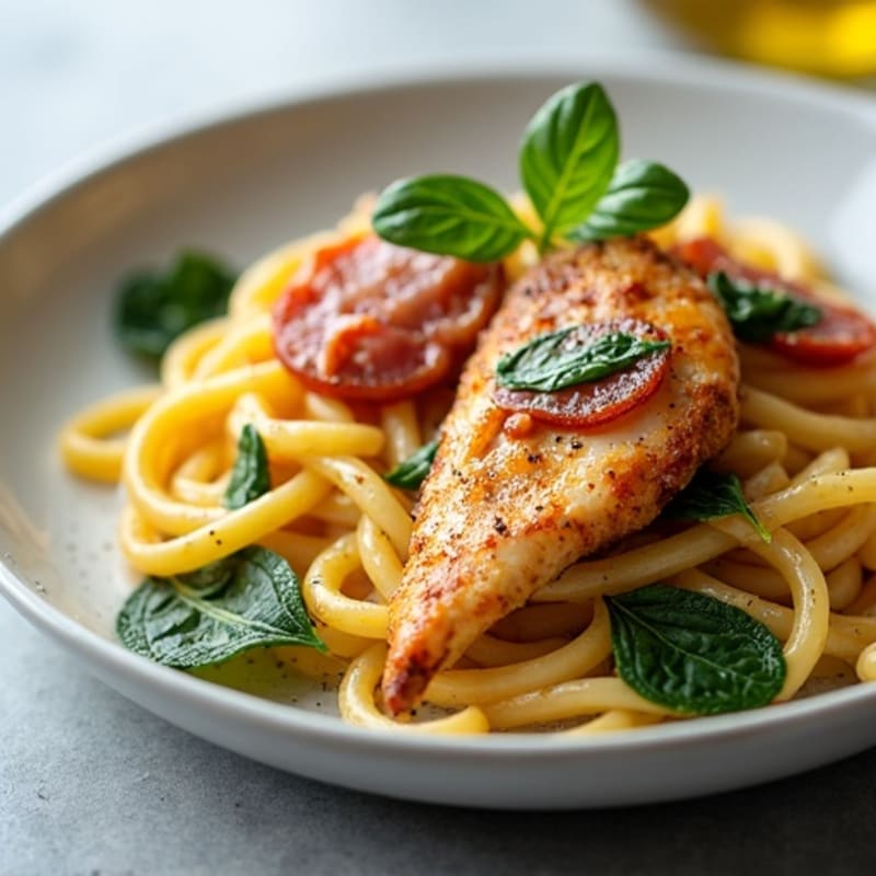 Lean Chicken and Crispy Prosciutto Carbonara with Whole Wheat Pasta