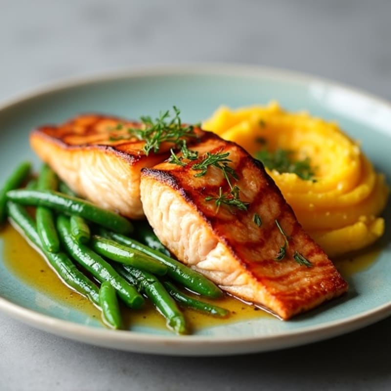 Seared Salmon with Garlic Green Beans and Mashed Sweet Potato