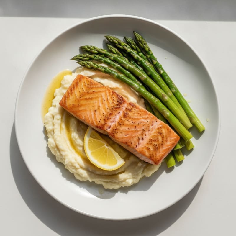 Seared Salmon with Steamed Asparagus and Garlic Cauliflower Mash