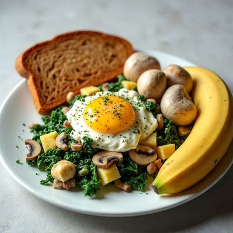 Egg White Spinach Scramble with Cottage Cheese, Sautéed Mushrooms, Toast & Banana