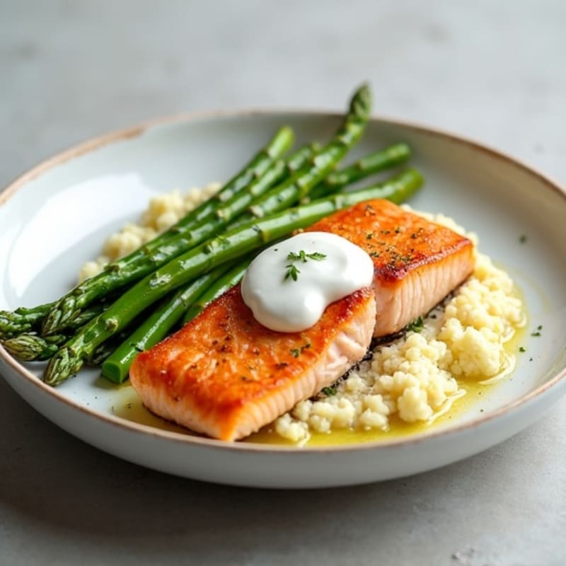 Seared Salmon Fillet with Steamed Asparagus and Cauliflower Mash