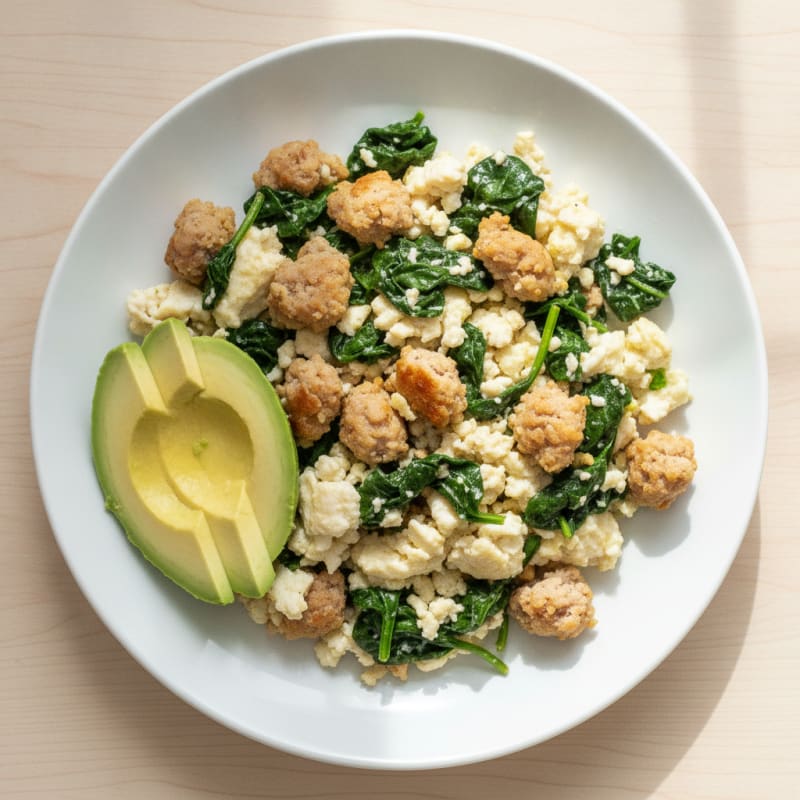 Egg White and Turkey Sausage Scramble with Sautéed Spinach