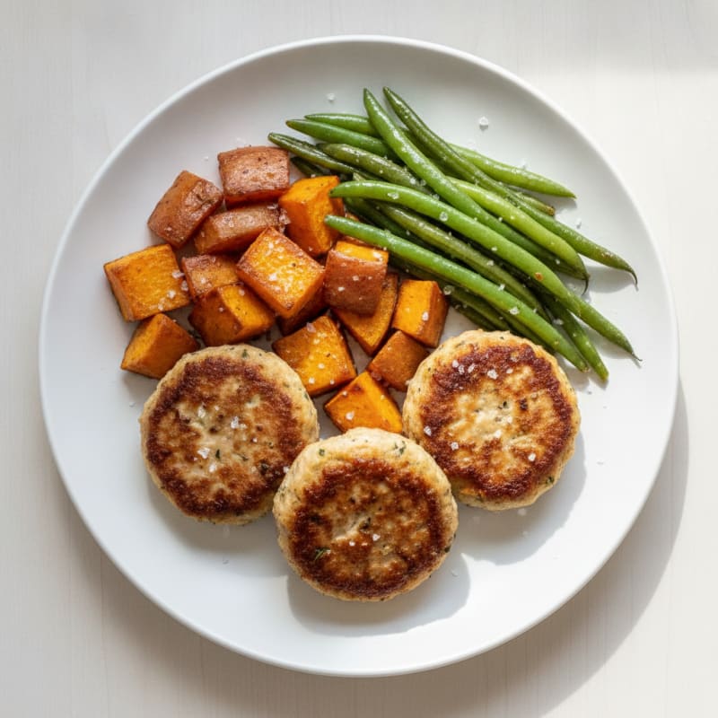 Seared Turkey Patties with Roasted Sweet Potatoes and Green Beans