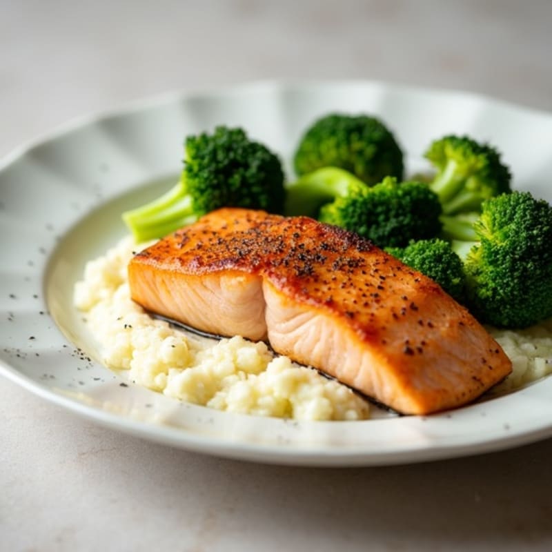 Seared Salmon with Steamed Broccoli and Garlic Cauliflower Mash