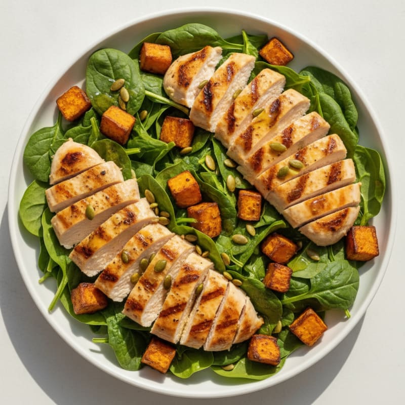 Grilled Chicken Spinach Salad with Roasted Sweet Potato