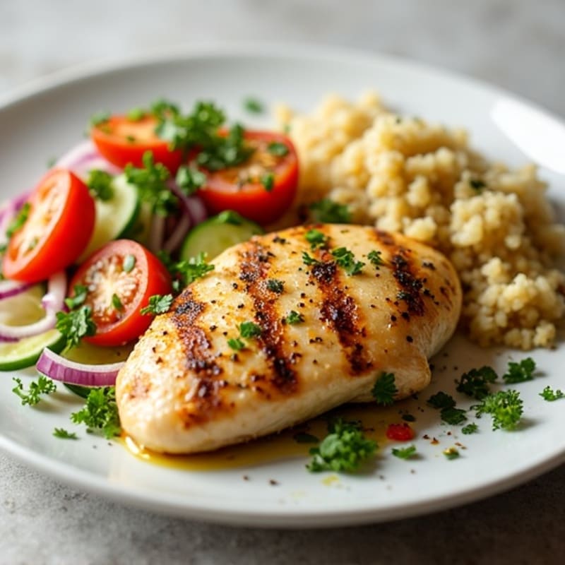 Lemon Herb Grilled Chicken with Crispy Cucumber Tomato Salad and Fluffy Quinoa