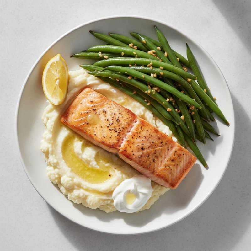 Seared Salmon with Garlic Green Beans and Mashed Cauliflower