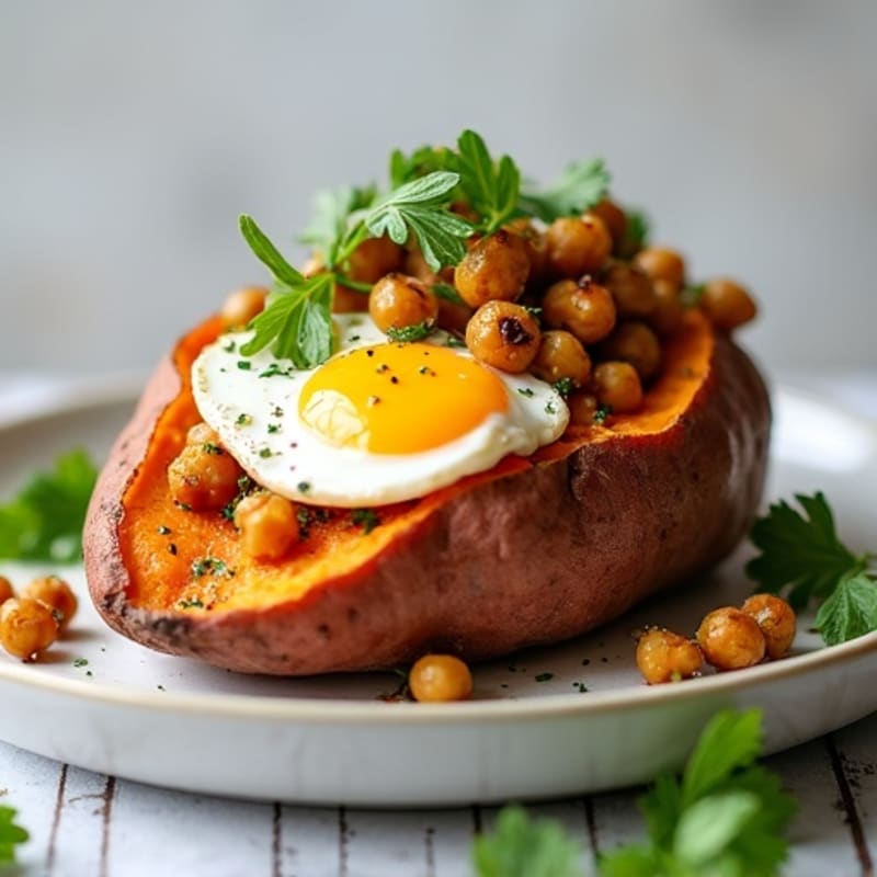Crispy Loaded Sweet Potato with Herb-Roasted Chickpeas