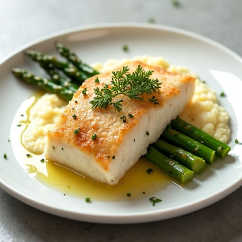Seared Cod Fillet with Roasted Asparagus and Cauliflower Mash
