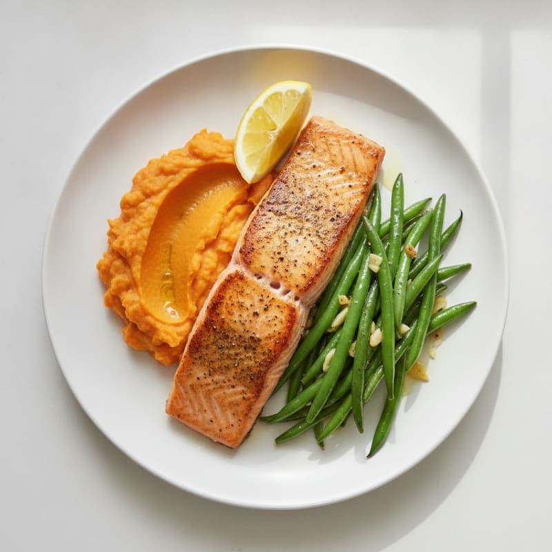 Seared Salmon with Garlic Green Beans and Sweet Potato Mash