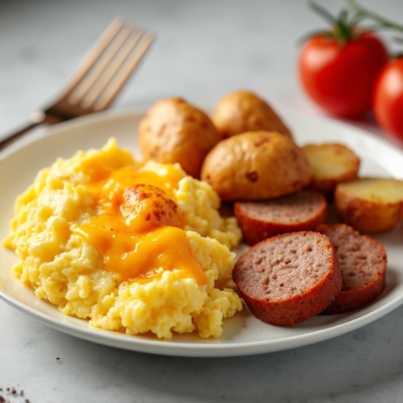 Cheesy Scrambled Eggs with Spicy Turkey Sausage and Roasted Potatoes