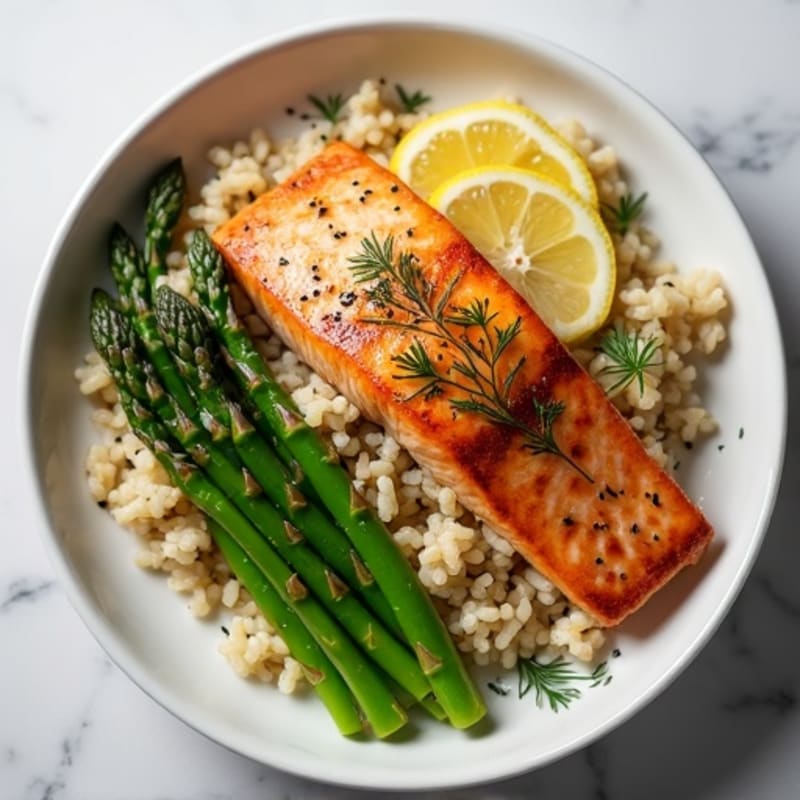Seared Salmon with Steamed Asparagus and Lemon Herb Brown Rice
