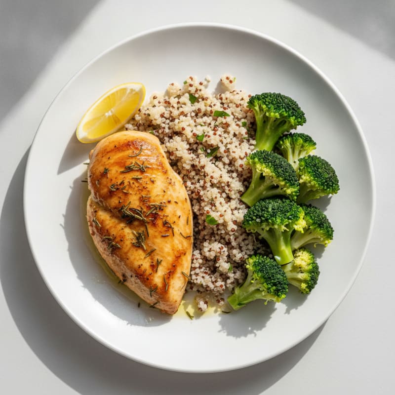 Herb-Roasted Chicken Breast with Steamed Broccoli and Quinoa