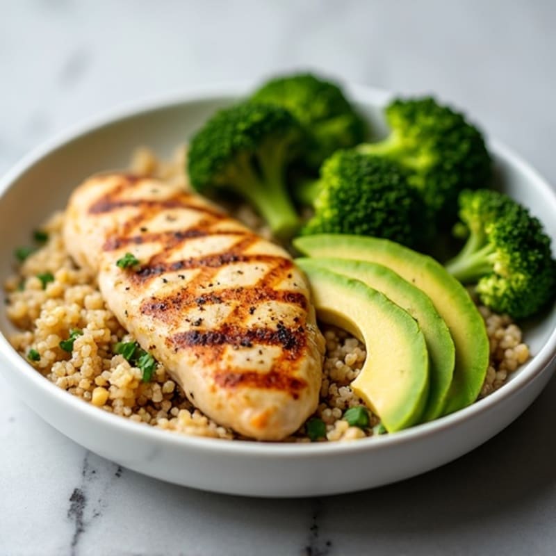 Grilled Lemon-Garlic Chicken Breast with Quinoa and Steamed Broccoli