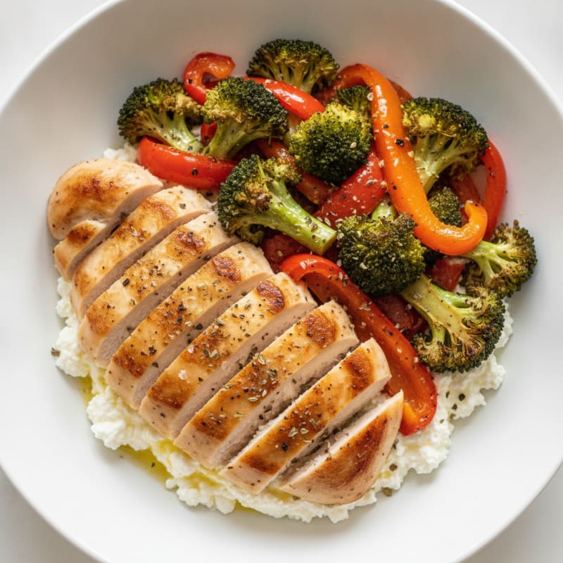Chicken and Roasted Vegetable Cottage Cheese Bowl
