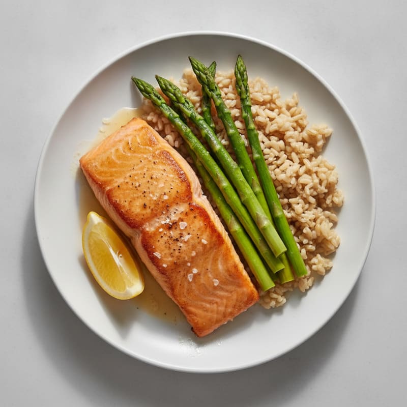 Seared Salmon with Steamed Asparagus and Brown Rice